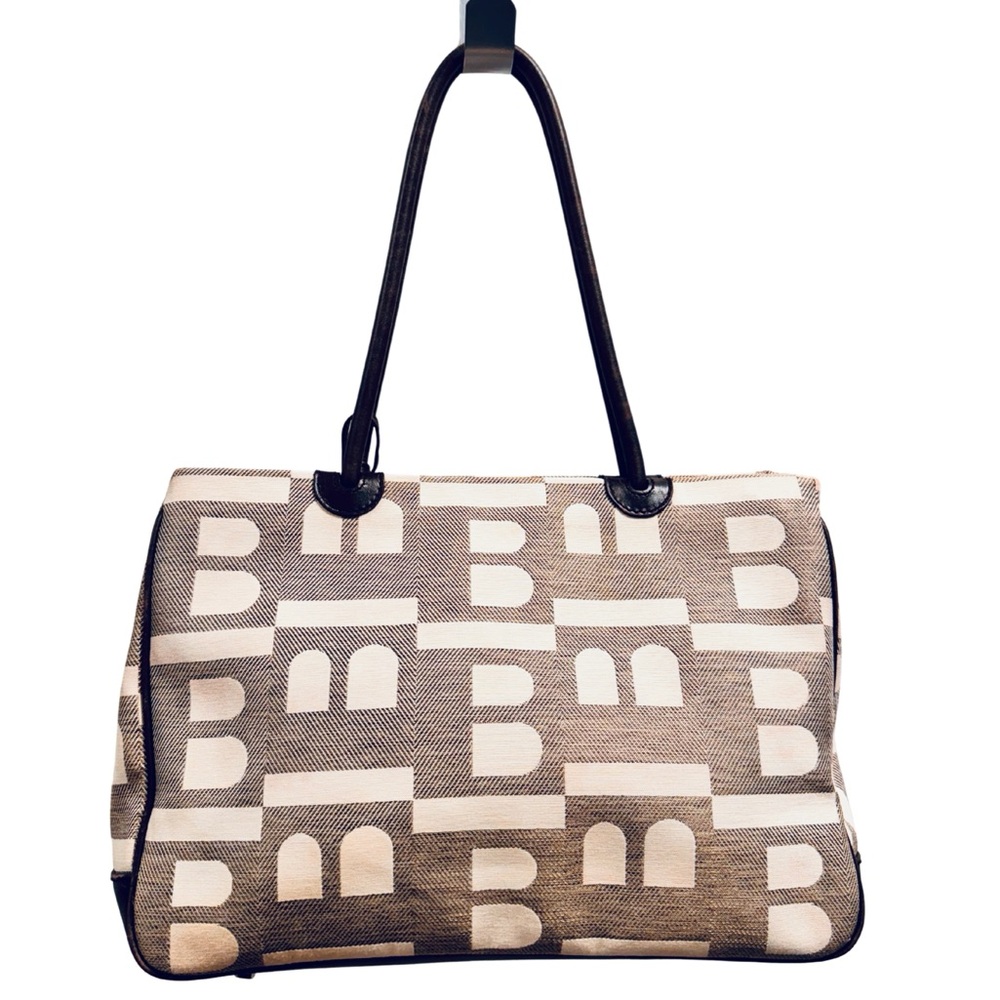 Bally Brown & Cream Logo Canvas Tote Bag w/ Leather Trim + Zip Pouch - Picture 2 of 15